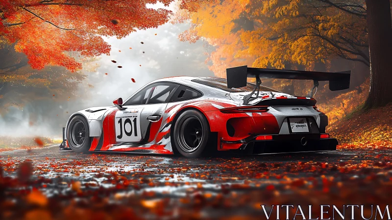 GT race car slicing through cinematic autumn forest scene.