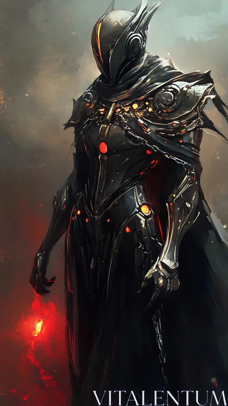 Digital painting of armored cyber-knight with molten core silhouette.