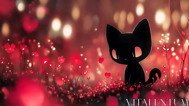 Silhouette cat in glowing red flower field at night.