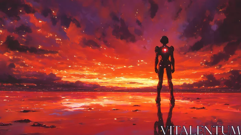 Solitary mech sentinel bathing in molten sunset skyfire glow.