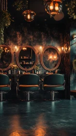 Modern salon interior shows three styling stations at night