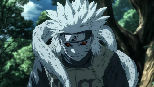 White-haired ninja stands tense in a shadowed forest glade