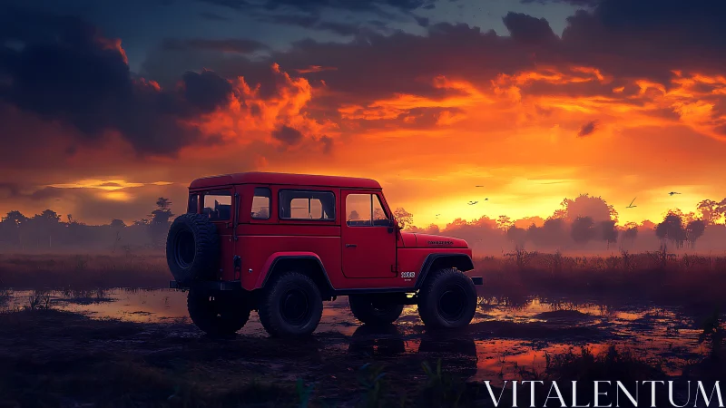 Classic red off road SUV under blazing sunset sky.