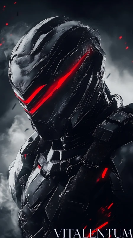 Armored cybernetic soldier displays emissive red visor channels