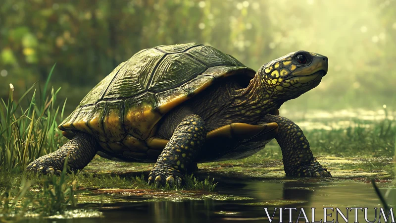 Photorealistic turtle crossing a sunlit wetland in profile view
