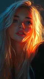 Embers of sunset ignite her gaze in painted twilight