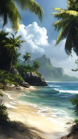 Tropical Paradise Beach Nestled Between Palms and Cliffs