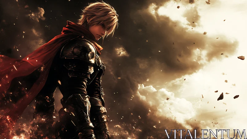 Armored swordsman in red cloak amid high-contrast storm debris