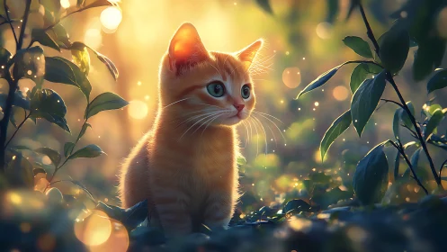 Orange kitten in luminescent natural environment.