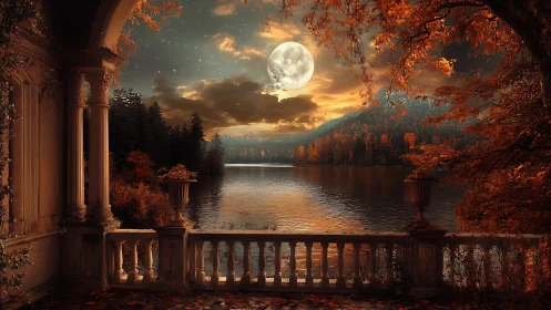 Moonlit autumn veranda quietly cradles a shimmering lake