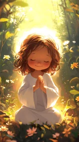 Digital painting of meditative child in luminous forest glade.