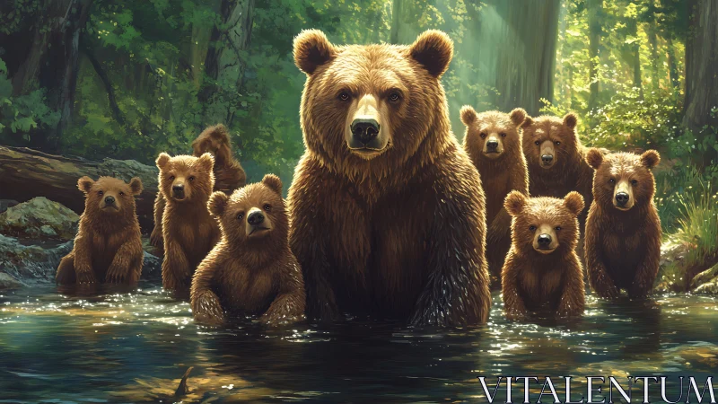 Brown bear mother leading cubs through sunlit forest stream