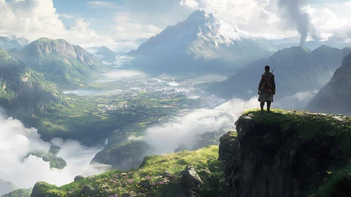 Figure overlooks expansive valley from high rocky cliff edge