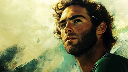 Digital painting portrait with textured atmospheric background.