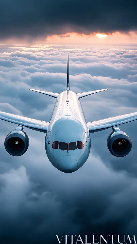 Calm jetliner gliding above clouds toward soft sunrise.