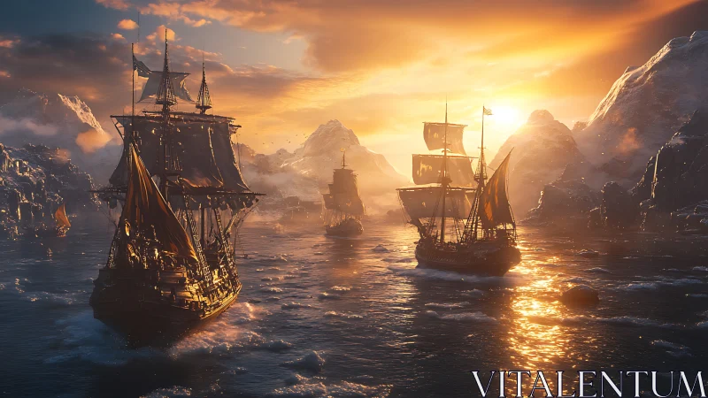 Golden-sailed ships glide through icy cliffs at glowing sunset