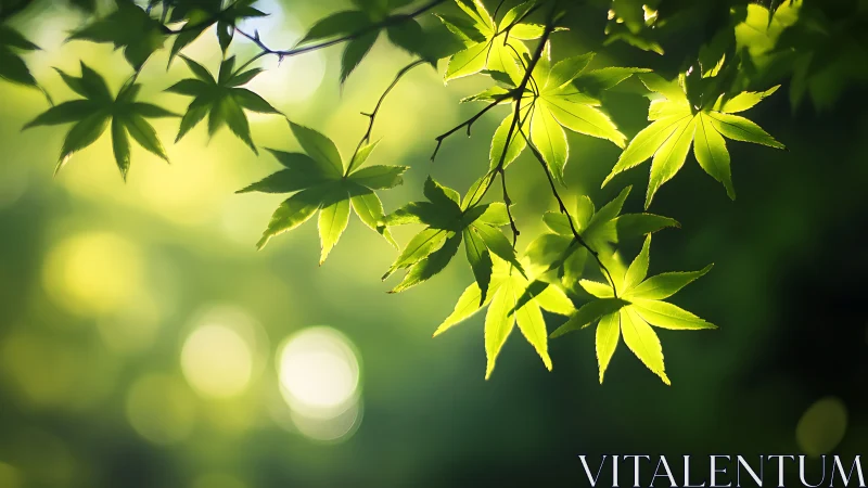 Backlit green maple leaves glow against soft forest bokeh