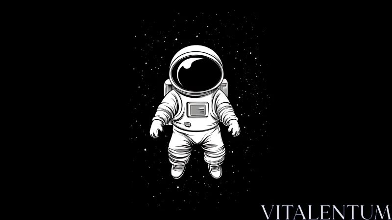 Monochrome astronaut illustration drifting in starfield void.