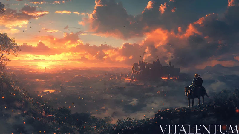 Wanderer on horseback watching a glowing castle sunrise.