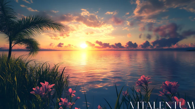 Wide-angle tropical sunset over calm water with saturated color grading