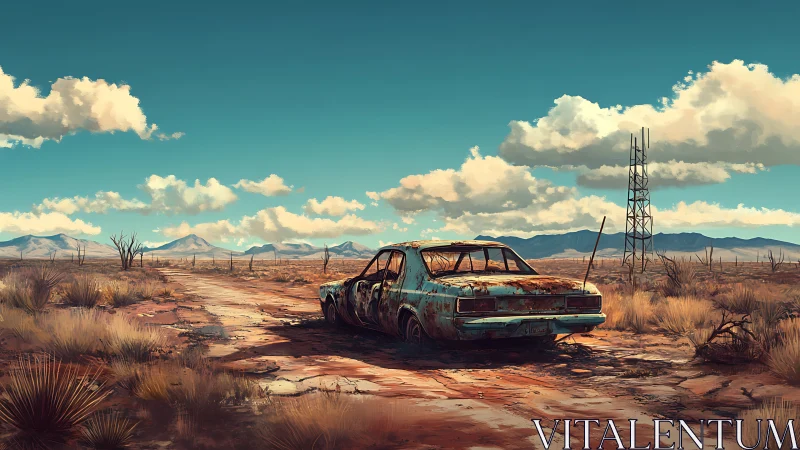 Rusted sedan anchors a desolate desert track under vast skies