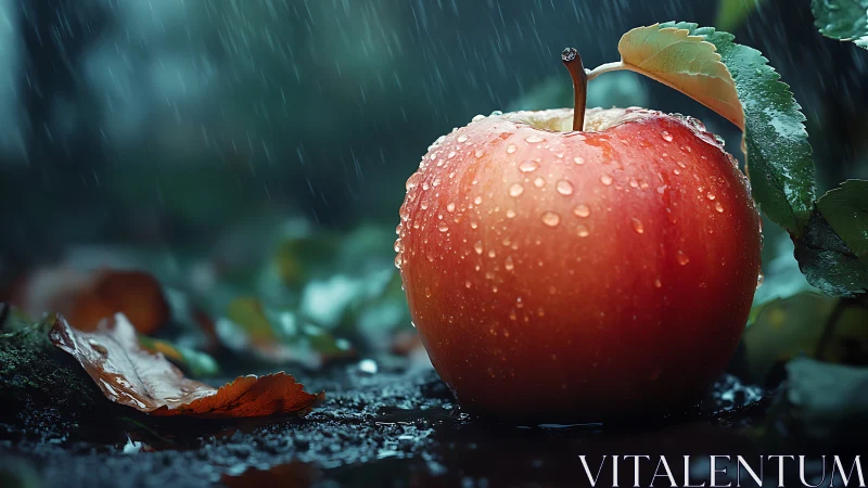 Photorealistic macro study of red apple in rainy forest floor.