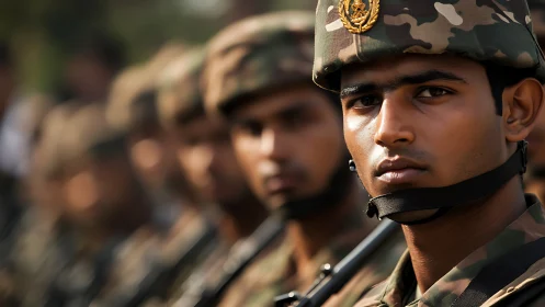 Soldier in camouflage uniform stands in sharp foreground focus