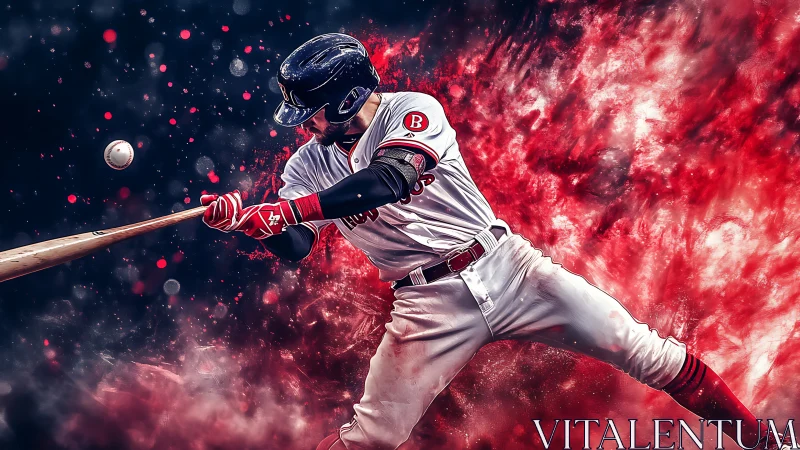 Baseball batter mid swing with abstract red particle field.