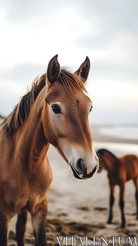 Chestnut horse stands on misty shoreline at dusk.