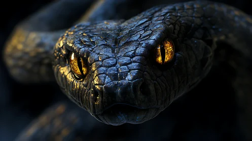 Molten gold serpent eyes glow softly in the deep shadows