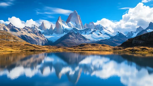 Mirrorlike alpine lake below jagged snowcapped peaks reflected.