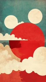 Geometric sun and clouds in retro minimal landscape composition.