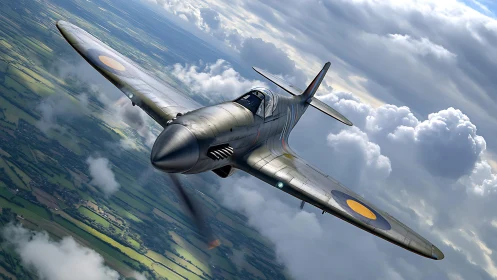 World War II fighter aircraft in tilted aerial landscape view.