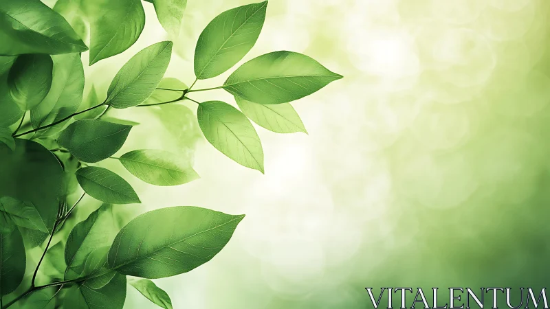 Bright green leaves drift in soft bokeh forest light background