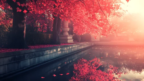 Autumn trees and reflective pond in a formal landscaped garden.