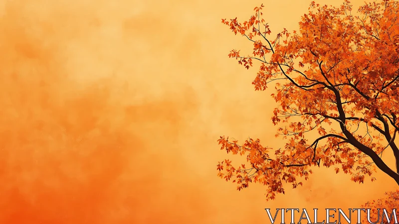 Autumn tree branches with vibrant orange leaves on minimal background.