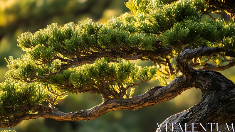 Serene close-up of bonsai tree branches in warm sunlight.