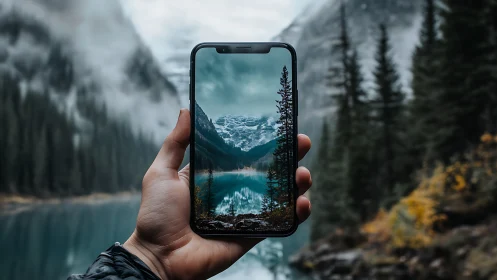 Mobile-framed alpine lake reflection in misty conifer valley.