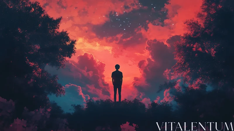 Silhouette youth under vivid red twilight skyscape.