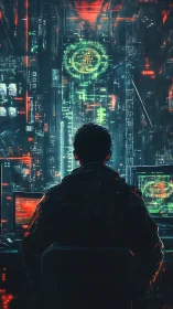 Lone hacker commands neon cyber grid from dark console.