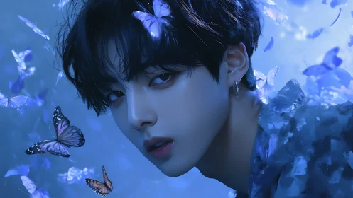 Blue toned digital portrait of youth with butterflies.