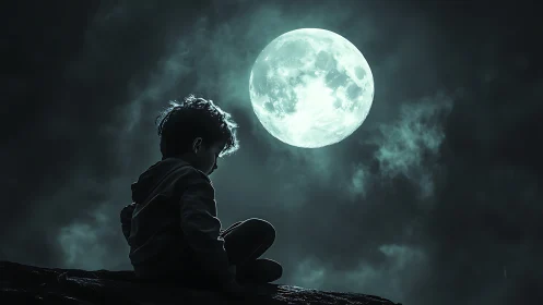 Quiet moonlit pause with a thoughtful child under night sky.