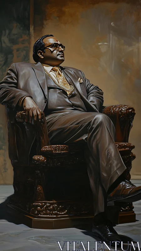 Regal gentleman in a bronze suit resting in quiet confidence.