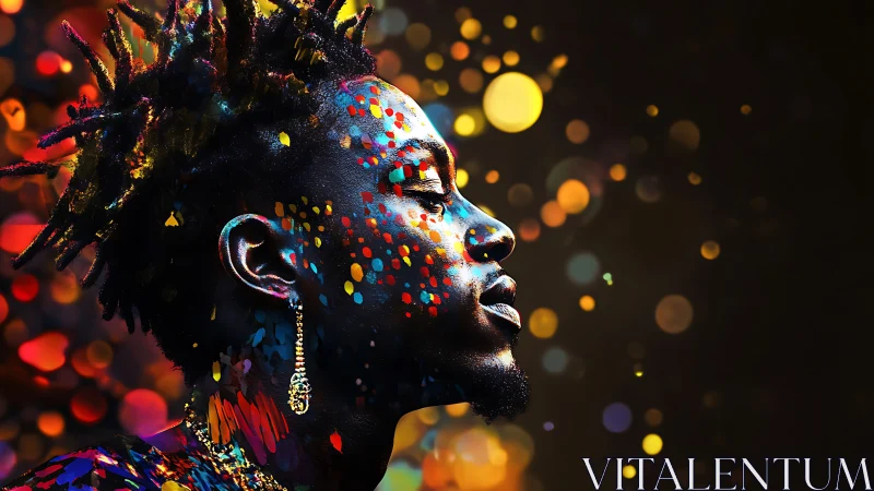 Profile portrait merges neon bokeh particles with painted skin