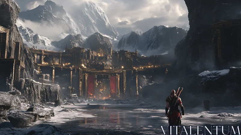 Warrior confronts vast golden fortress in frozen mountain pass.