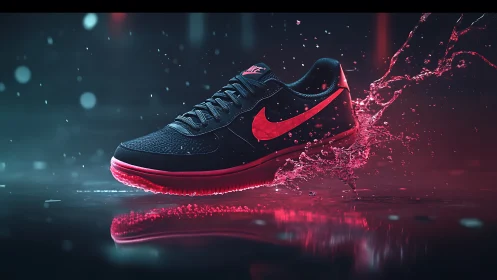 Black sneaker with red sole and logo splashes through water