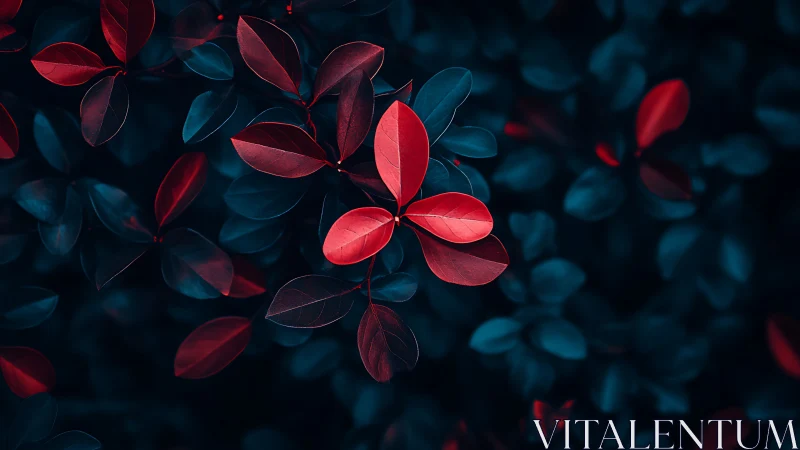 Nocturne leaves glowing in crimson and teal hush.