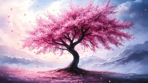 Solitary cherry tree blooms vividly against misty mountains