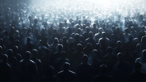 Backlit dense human crowd rendered in foggy volumetric lighting
