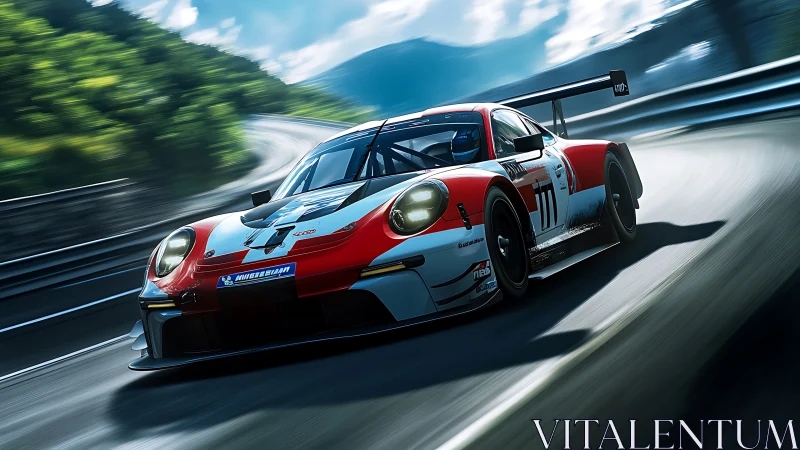 Red and white GT race car powering through mountain curve.